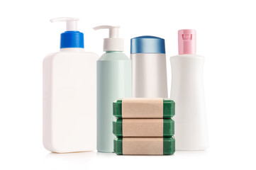 set of Beauty product  bottles of body care and soap bars  isolated on white background.