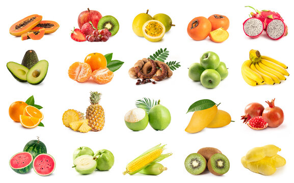 set of Different fruits , banana, orange, mango, apple isolated on white background.