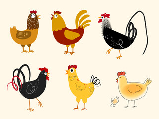 Set of chicken, rooster and hen icon character mascot vector illustration.