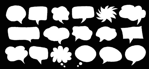 Set speech bubble icon in various shapes black background, roughen comic cloud bubble in white color vector design, textured empty dialog balloon, chat icon silhouette isolated