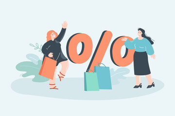 Women shopping at discounts flat vector illustration. Huge percentage symbol in background. Commerce, sale, retail concept for banner, website design or landing web page - obrazy, fototapety, plakaty