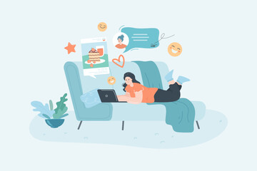 Woman communicating on social media flat vector illustration. Female character lying on sofa, looking at laptop screen. Connection, networking, concept for banner, website design or landing web page