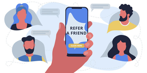 Refer a friend concept. Hand holding phone. Business strategy with group of people. Network marketing. Referral program.