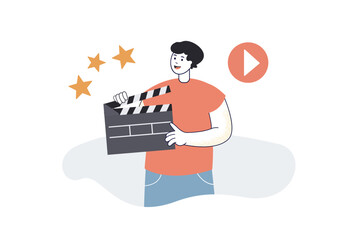 Man holding clapper flat vector illustration. Production, cinematography, media, entertainment, movie, occupation concept for banner, website design or landing web page