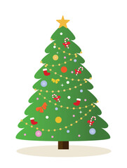 Merry Christmas and Happy New Year. Traditional Christmas tree with lush branches, decorated with candies, garlands and red socks. Design element for invitation card. Cartoon flat vector illustration