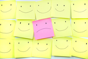 Unhappy and happy concept with sticky notes shape.