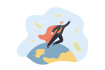 Man flying in superhero robe flat vector illustration. Banknotes in air. Wealth, finance, banking, saving, strength concept for banner, website design or landing web page