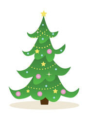 Merry Christmas and Happy New Year. Beautiful gradient Christmas tree with long branches, decorated with stars, garland and toys. Design element for greeting banner. Cartoon flat vector illustration