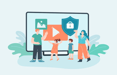 Television for children flat vector illustration. Happy family with kids near huge monitor. Entertainment, relaxation, monitoring concept for banner, website design or landing web page