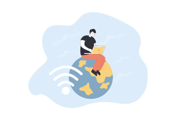 Man using wi-fi connection flat vector illustration. Free wi-fi hotspot, public access zone. Cyberspace, wireless connection concept for banner, website design or landing web page