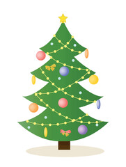 Merry Christmas and Happy New Year. Classic Christmas tree with decorative balls hanging on branches, garland and bow. Design element for poster or greeting banner. Cartoon flat vector illustration