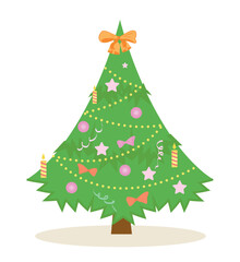 Merry Christmas and Happy New Year. Lush forest Christmas tree, decorated with candles, bows, confetti and garland. Design element for poster or greeting banner. Cartoon flat vector illustration