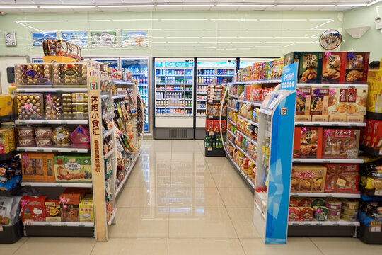 SHENZHEN, CHINA - 07 MAY, 2016: interior of 7-Eleven store in Shenzhen. 7-Eleven is an international chain of convenience stores.