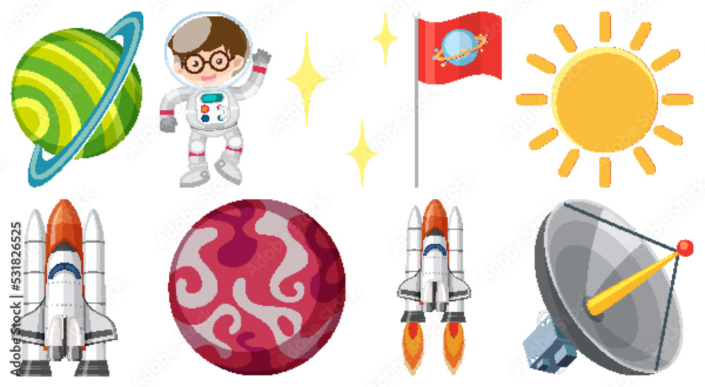 Wall mural set of space cartoon characters and objects
