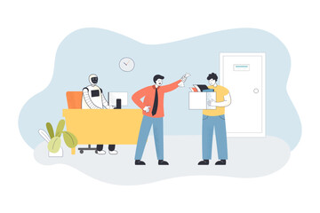 Boss arguing with employee flat vector illustration. Robot replacing man at work. Future, automation, artificial intelligence, competition concept for banner, website design or landing web page