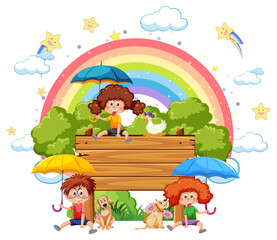 Obraz na płótnie Canvas Three kids with empty board in rainbow theme