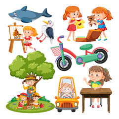 Set of cartoon character and objects