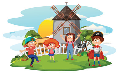 Farm scene with kids cartoon character