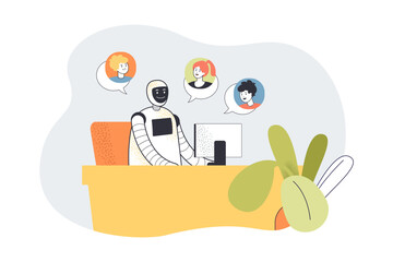 Robot sitting at desk in front of computer. Cyborg answering clients or users online flat vector illustration. Help, artificial intelligence concept for banner, website design or landing web page