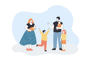 Happy family with children flat vector illustration. Mother and father with newborn babies and kids. Family spending time together. Love, care concept for banner, website design or landing web page