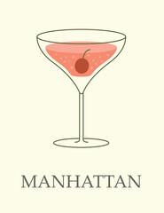 Alcoholic cocktail in goblet. Delicious whiskey and vermouth Manhattan garnished with cherries. Popular refreshing drink in bars. Design element for cafe menu. Cartoon flat vector illustration