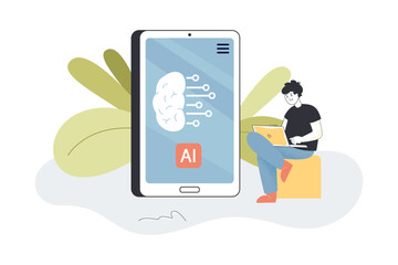Huge phone with AI sign on screen flat vector illustration. Tiny man sitting and working on laptop. Artificial intelligence, future, machine concept for banner, website design or landing web page