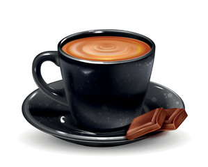 Cup of hot coffee. Black mug with fragrant latte or espresso and chocolate pieces. Design element for advertising posters and print. Side view. Realistic 3D vector illustration on white background
