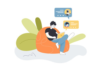 Man chatting with chat bot flat vector illustration. Robot helping user or customer. Artificial intelligence, service concept for banner, website design or landing web page