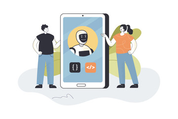 Obraz na płótnie Canvas Robot on huge phone screen flat vector illustration. Tiny man and woman talking with chat bot. AI, artificial intelligence, help, support concept for banner, website design or landing web page