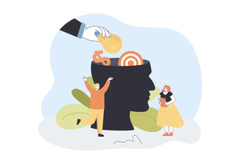 Huge hand putting lightbulb into human head. Tiny people having creative idea, working together flat vector illustration. Career, innovation concept for banner, website design or landing web page