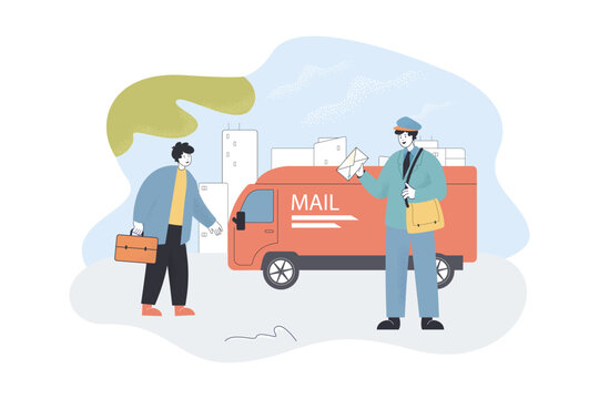 Postman Delivering Envelope With Letter Flat Vector Illustration. Postal Carrier In Uniform Carrying Messenger Bag. Service, Mail, Delivery Concept For Banner, Website Design Or Landing Web Page