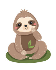 Fototapeta premium Funny cute sloth. Shy lazy wild animal sits on green grass and smiles. Savannah Dweller. Design element for printing on baby clothes. Cartoon flat vector illustration isolated on white background
