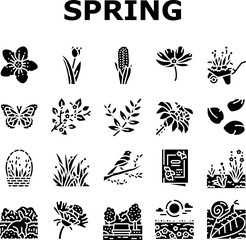 spring season flower nature icons set vector. flora plant, green leaf, blossom garden, beauty fresh tree, grass sky, beautiful spring season flower nature glyph pictogram Illustrations
