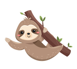 Fototapeta premium Funny cute sloth. Happy lazy animal hangs on tree branch and greets friends. Slow smiling mammal. Design element for printing on baby clothes. Cartoon flat vector illustration isolated on white