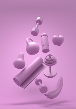 Gym training , home exercising and fitness equipment. Dumbbells, bob, yoga mat and bottle. Tools for healthy lifestyle and fruits. Levitation of a group of objects. Apple, banana and pear. 3D render