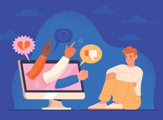 Cyberbullying on internet. Bullying, insults and psychological abuse in social network. Negative influence. Upset character hides from hands of aggressive users. Cartoon flat vector illustration