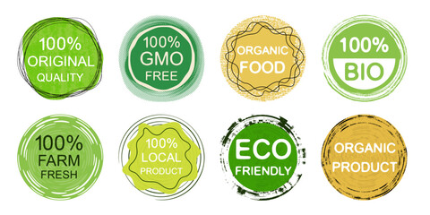 Set of vector signs and stickers, farm natural products, bio and eco, design element