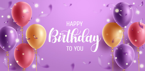 Birthday greeting vector background design. Happy birthday to you text in purple space with floating balloons and confetti elements for birth day messages. Vector illustration.
