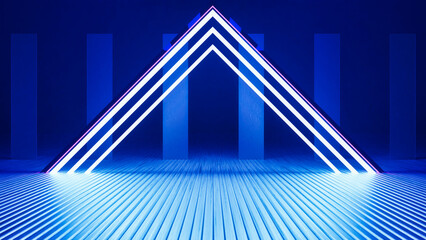Futuristic Triangle Sci-Fi Abstract Blue Neon Light square On Black Background And Reflective Concrete With Empty Space For Text 3D Rendering