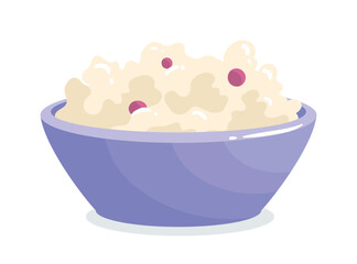 Dairy product concept. Icon with delicious grainy cottage cheese in purple bowl. Organic farm food. Design element for print or websites. Cartoon flat vector collection isolated on white background