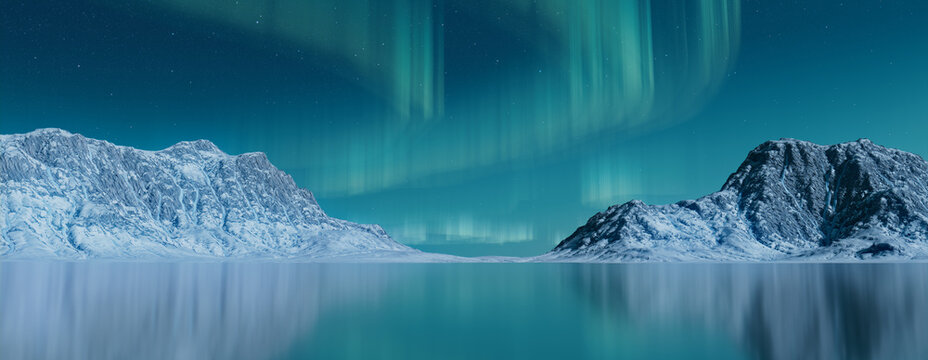 Magical Sky with Aurora and Stars. Blue Northern Lights Background with copy-space.