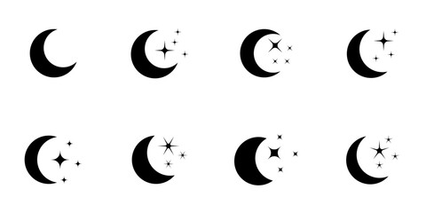 Conjunto de iconos de luna con brillo de luces. Concepto de oscuridad, noche y fases de la luna. Ilustración vectorial - obrazy, fototapety, plakaty