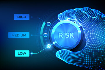 Risk levels knob button. Risk management business concept. Wireframe hand setting a level button on lowest position. Vector illustration.