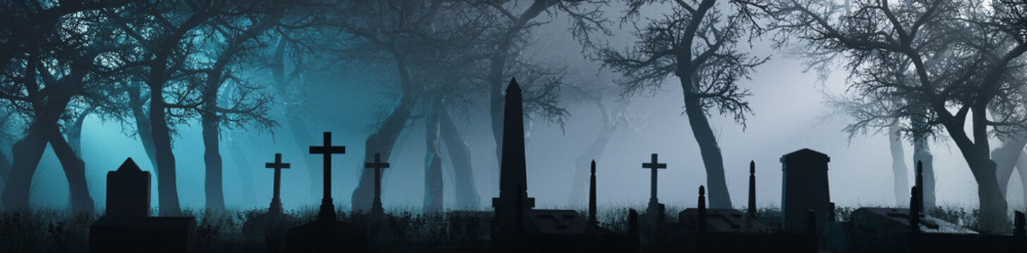 Pale Blue Halloween Background with Graveyard in a Thick Mist. Atmospheric Night Scene with Trees and Gravestones.