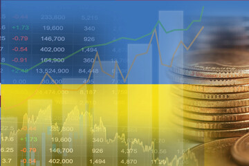 Ukraine flag with stock market finance, economy trend graph digital technology.