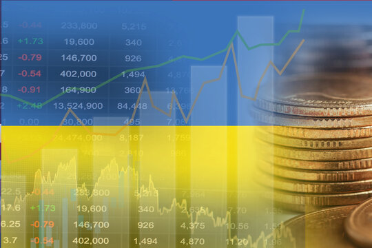 Ukraine flag with stock market finance, economy trend graph digital technology.