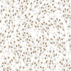 Natural seamless pattern with dried wild grasses on a white background. Painted in watercolor. Design for textile, fabric.