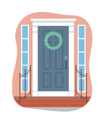 House entrance concept. Beautiful wooden door to apartment decorated with organic wreath and columns. Building facade with stairs and railings. Cartoon flat vector illustration on white background