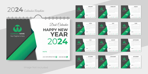 2024 desk calendar design template layout with green and grey color shape, Week starts from Sunday. Modern and minimal wall calendar for 2024 with white background