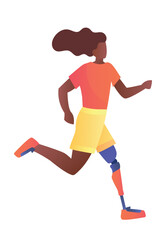 Health day concept. Woman with prosthesis instead of leg runs. Disabled person performs recovery exercises. Workouts and sports. Runner, sprinter or marathon runner. Cartoon flat vector illustration